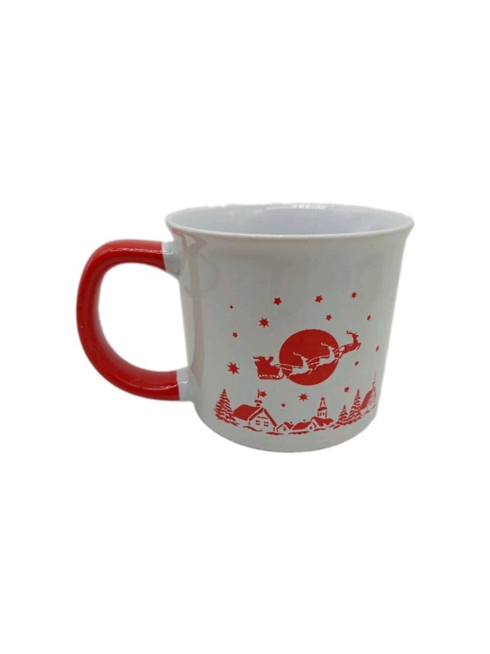 Christmas Mug White Red Santa Sleigh Flying Over Town